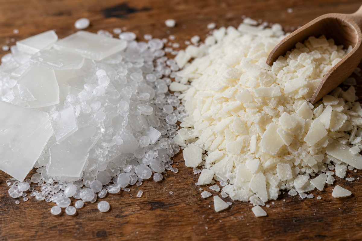 Pellet di paraffina lucidi accanto a fiocchi di cera di soia opachi color crema su un tavolo di legno