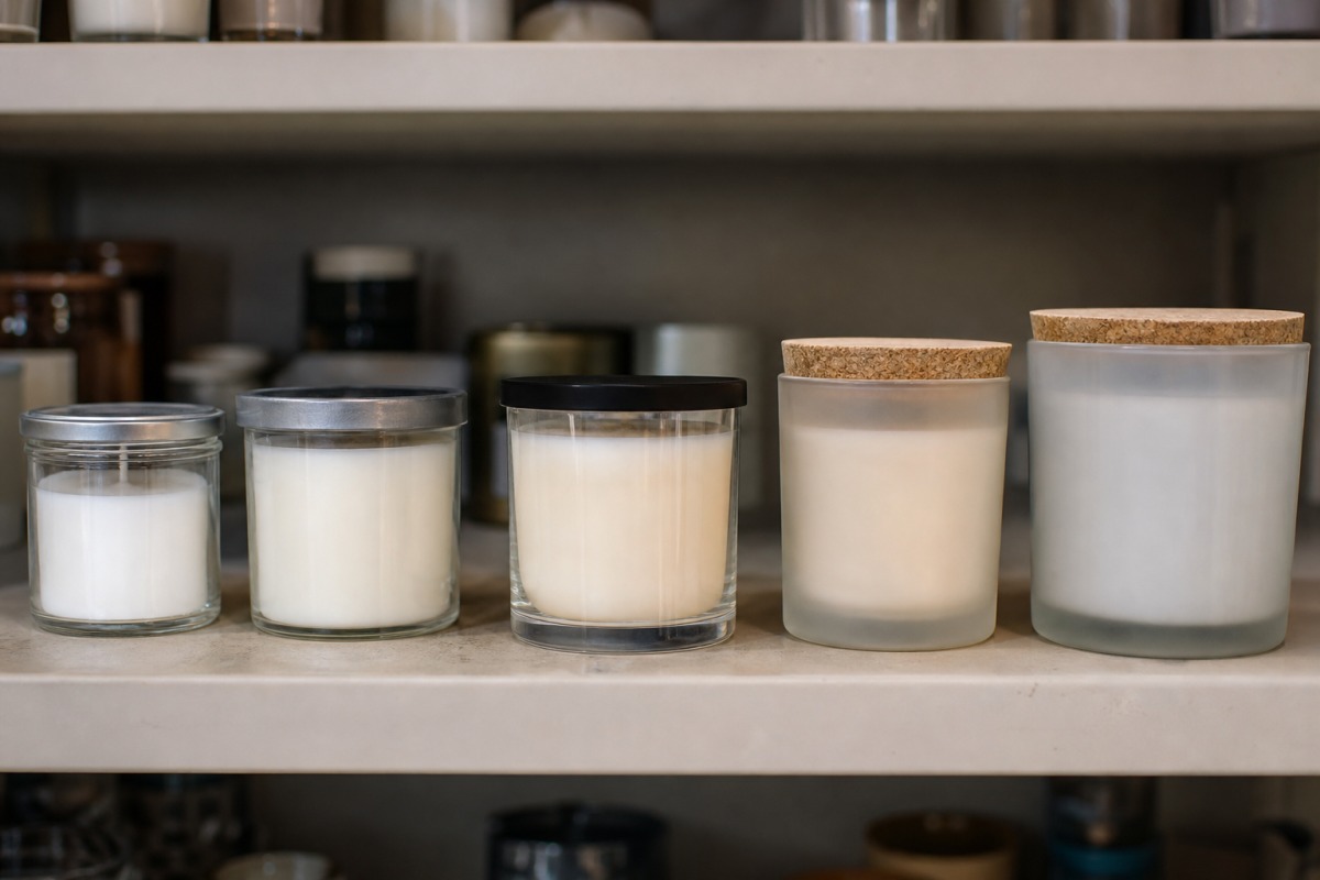 Fila di cinque diverse candele in vetro, una accanto all'altra, sullo scaffale di un negozio