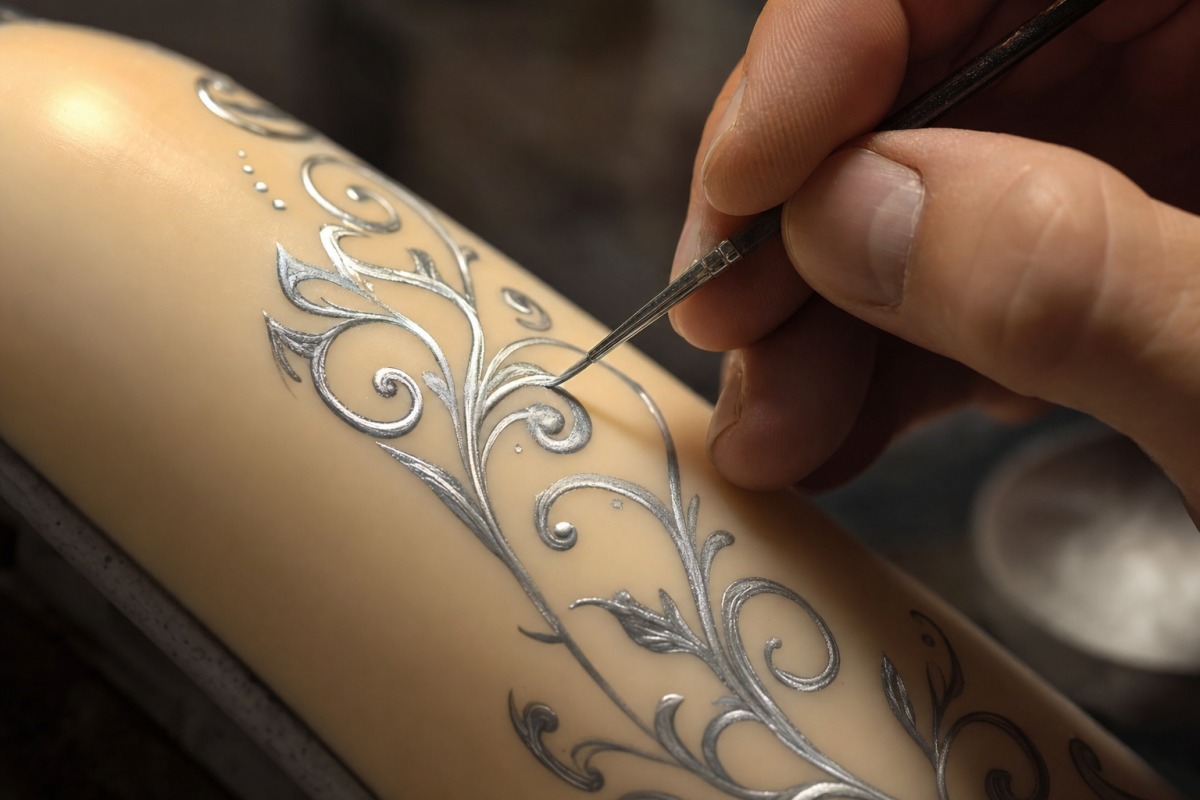 Pittura a mano di un ornamento argentato con un pennello sottile, sulla superficie della candela