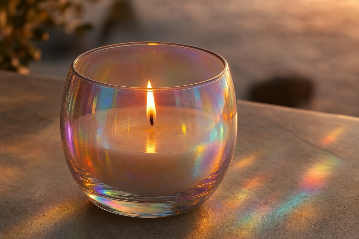 Candela vegetale pulita accesa in un vetro dicroico olografico che scompone la luce della fiamma in riflessi iridescenti.