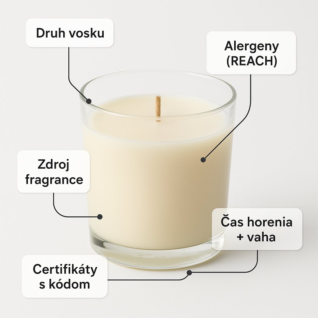 Mano che tiene una candela e confronta il retro dell'etichetta con il codice di certificazione RSPO rispetto a una candela con un logo eco spoglio senza numero