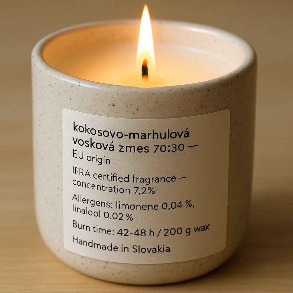 Candela in ceramica colata a mano NOBAMO con fiamma gialla uniforme in un accogliente interno, luce serale calda