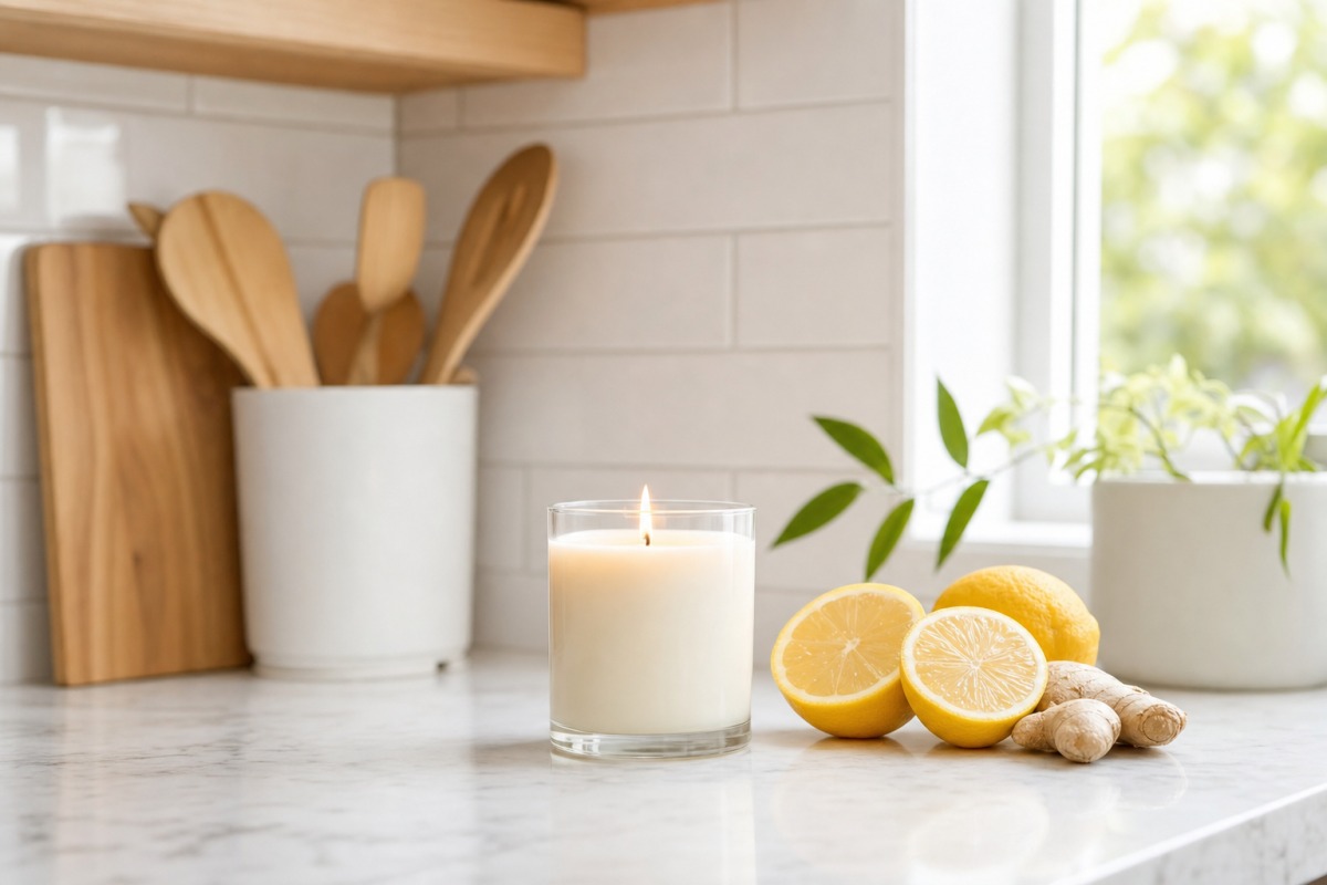 Candela agrumata con limoni e zenzero sul piano della cucina
