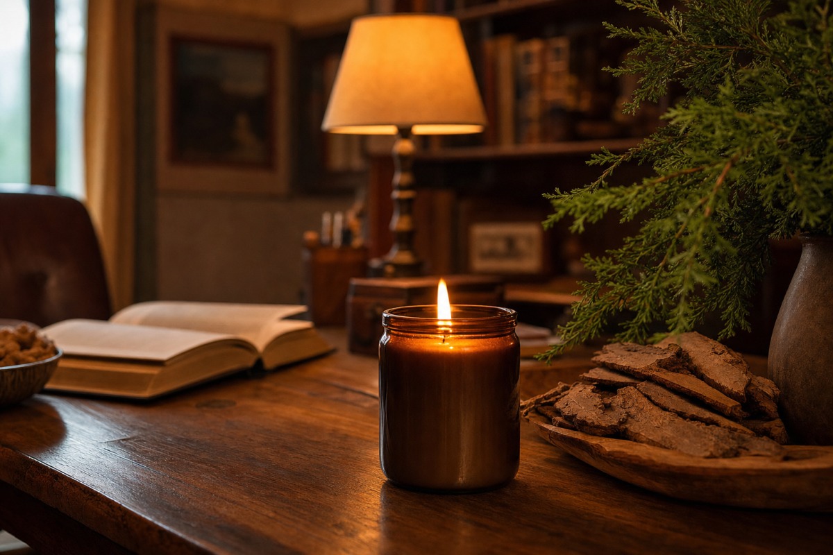 Candela legnosa sulla scrivania, accanto a un libro aperto