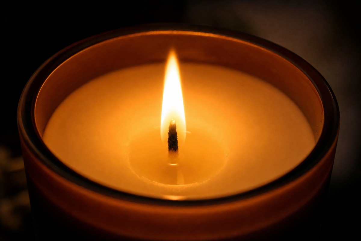 Dettaglio della fiamma uniforme di una candela in cera vegetale naturale