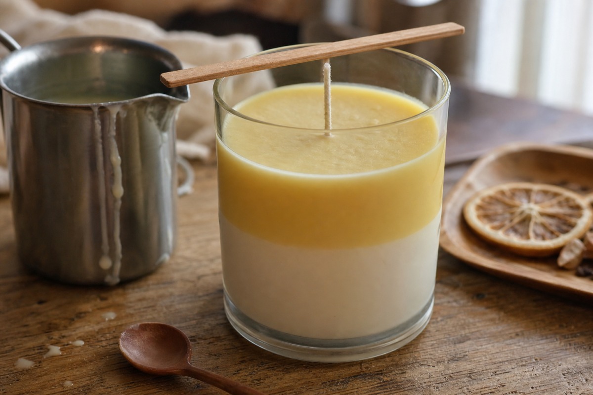 Candela di soia fatta in casa a due strati in un bicchiere di vetro borosilicato, con lo stoppino fissato a un bastoncino di legno e fettine di limone essiccate poste accanto