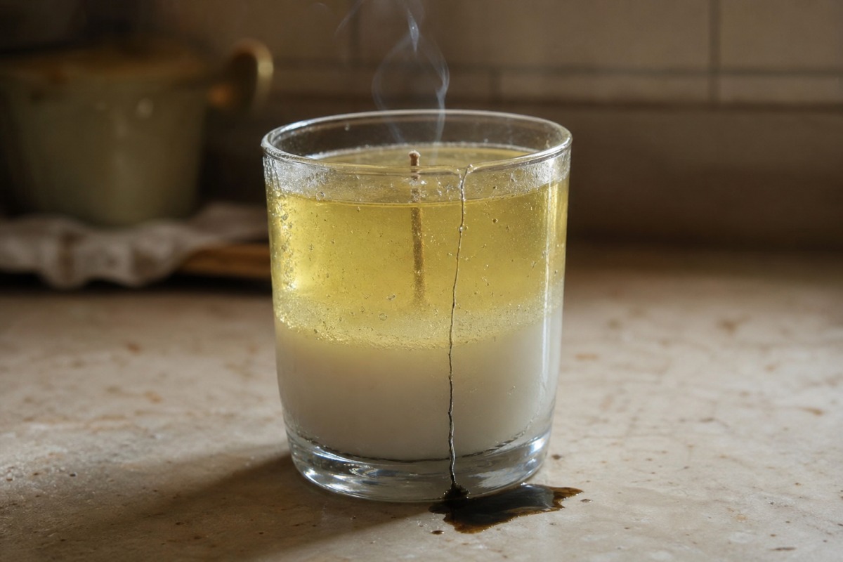 Sottile bicchiere di vetro con una candela al gel a due strati profumata alla limonata, attraversato da una lunga crepa che va dal fondo al bordo, con una pozzetta di olio sul piano