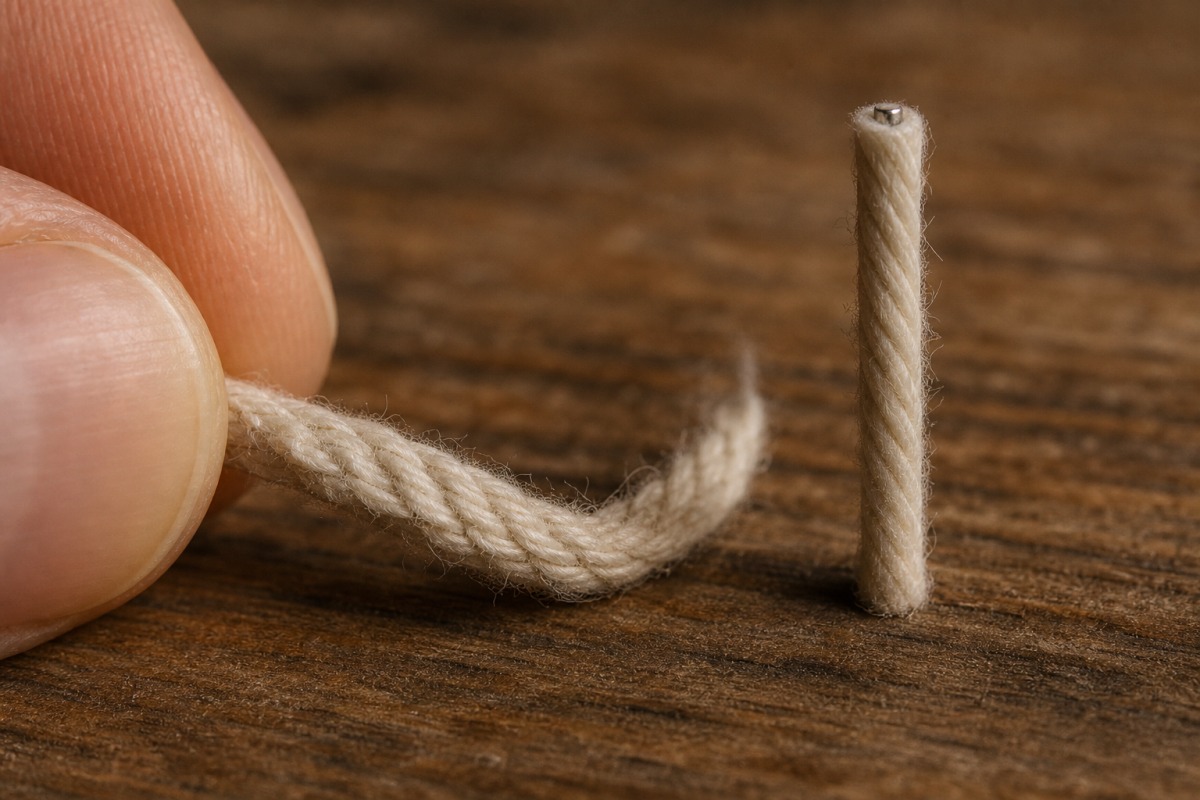 Confronto macro tra un morbido stoppino di cotone e uno stoppino rigido con anima metallica