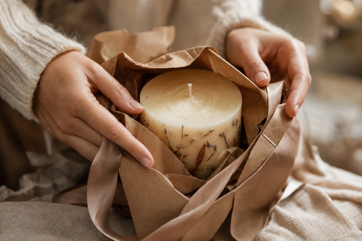 Dettaglio di mani che scartano una candela artigianale dalla carta regalo