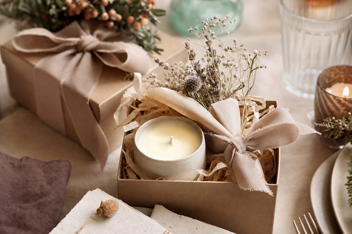 Candela artigianale pronta come regalo su una tavola elegante