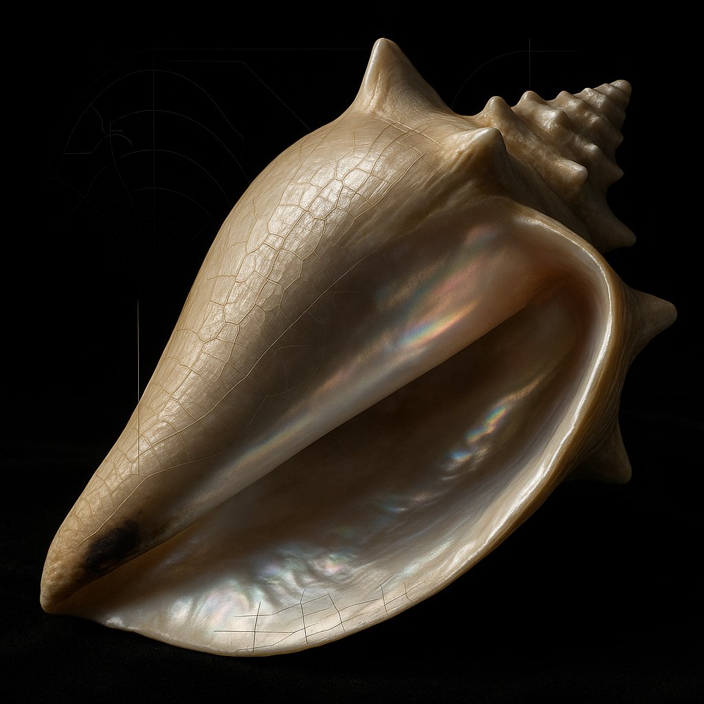Conchiglia Strombus con zona di rottura termica della parete evidenziata