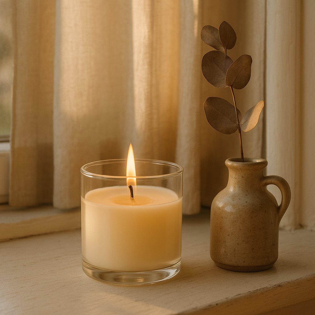 Candela in borosilicato più resistente con fiamma vicino al bordo della finestra