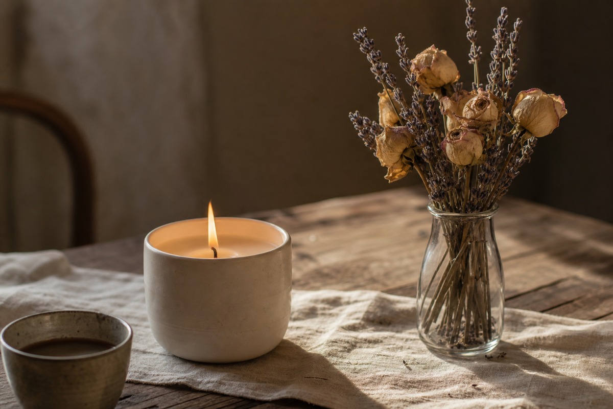 Candela accesa pulita in un contenitore di ceramica a sinistra e, separato sulla destra, un vaso di vetro con rose e lavanda essiccate