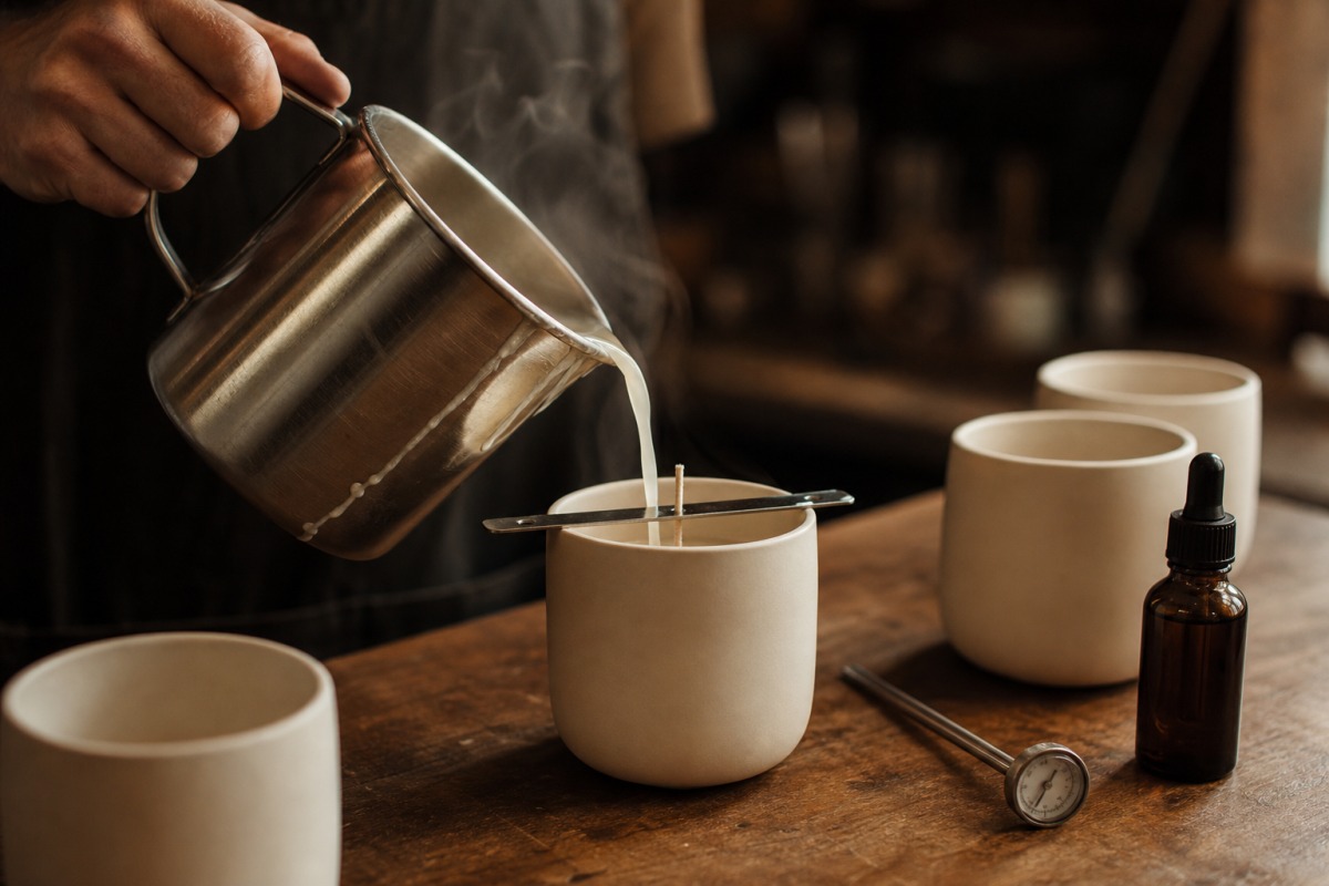 Mani che versano cera di soia tiepida color crema in un contenitore di ceramica con uno stoppino di cotone centrato, accanto una boccetta di olio profumato