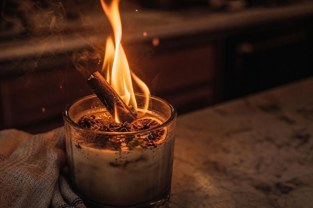 Candela sul piano della cucina con una fiamma alta che divampa intorno a una stecca di cannella incandescente e a una fetta d'arancia essiccata