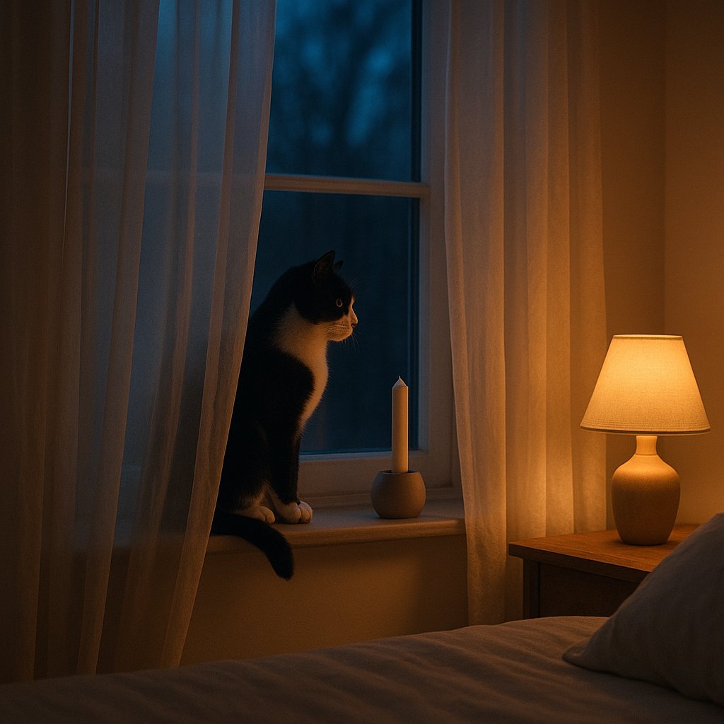 Gatto che dorme su una coperta di lana vicino alla finestra del soggiorno con luce mattutina soffusa, candela sullo sfondo su uno scaffale alto a distanza di sicurezza