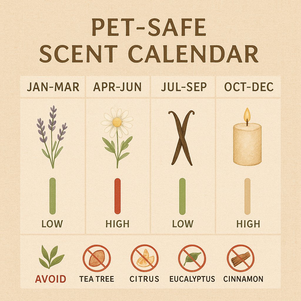 Calendario pet-safe trimestrale di 5 profumi sicuri e 4 oli tossici con stagioni indicate