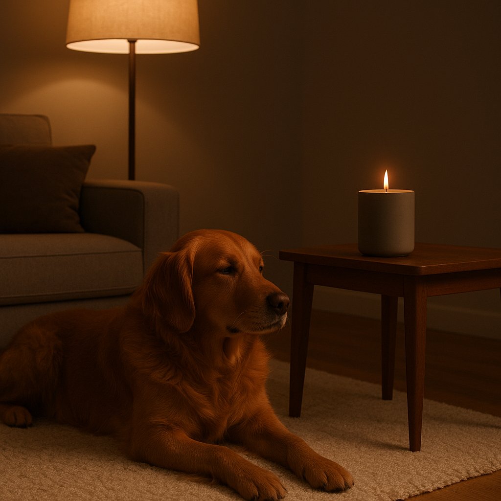 Cane accanto a una candela NOBAMO inodore su un supporto alto, serata tranquilla con luce soffusa