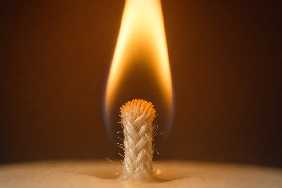 Dettaglio di uno stoppino in cotone che arde senza fuliggine