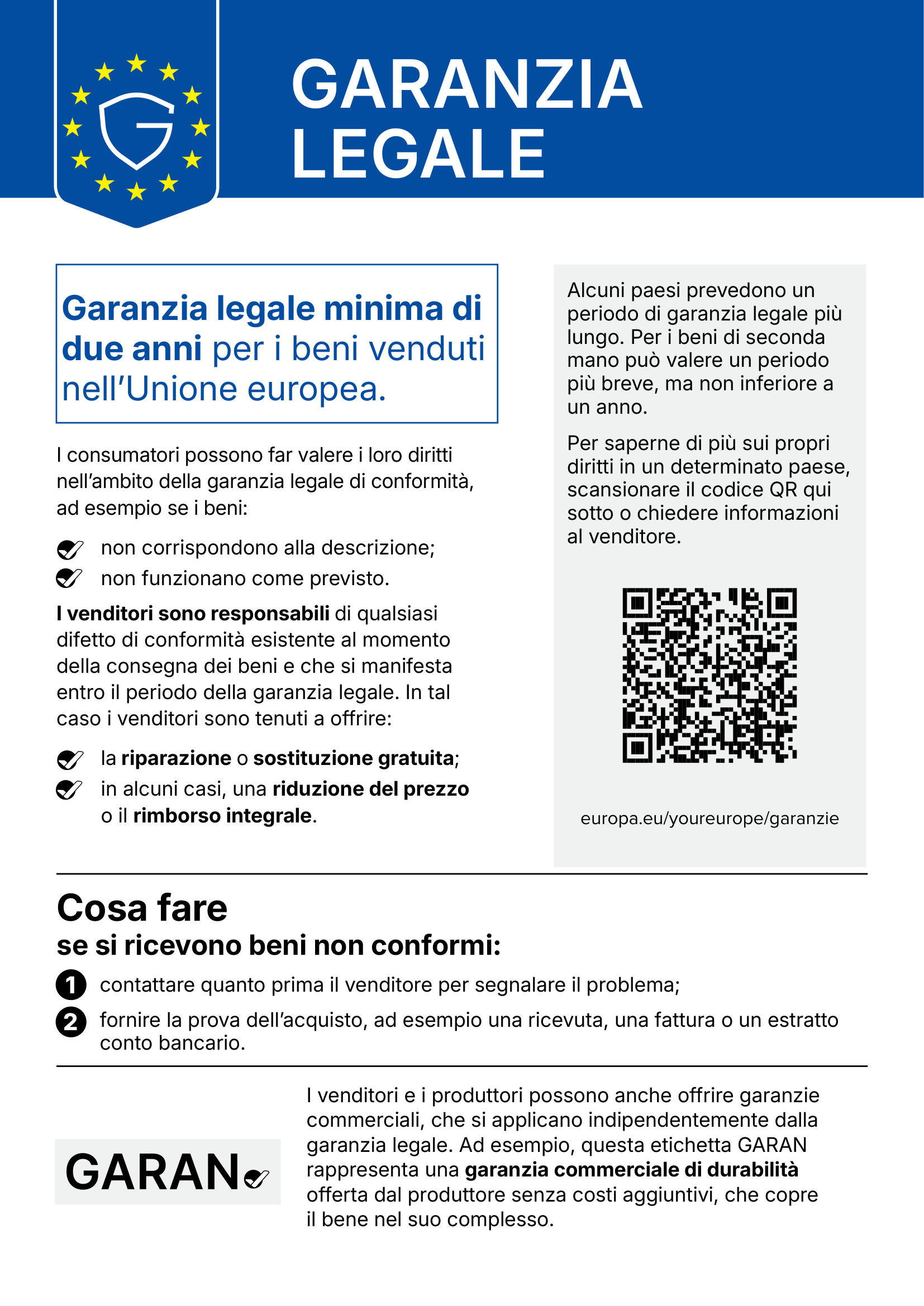 Avviso sulla garanzia legale di conformità di due anni nell'UE